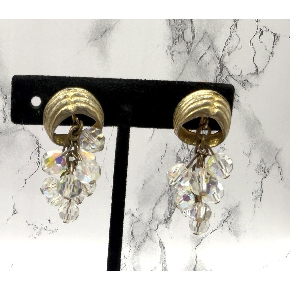 Vintage Gold Clip On AB Crystal Cluster Earrings 1.5"‎